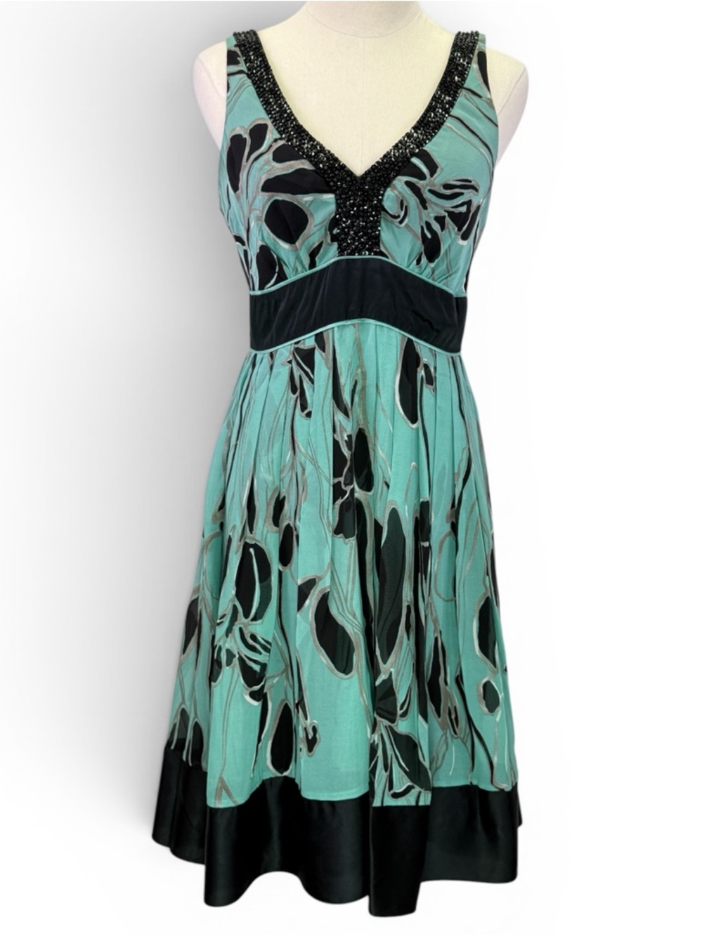 Ella Rose 100% Silk Teal Black Abstract Print Beaded Empire Waist Dress Size 6